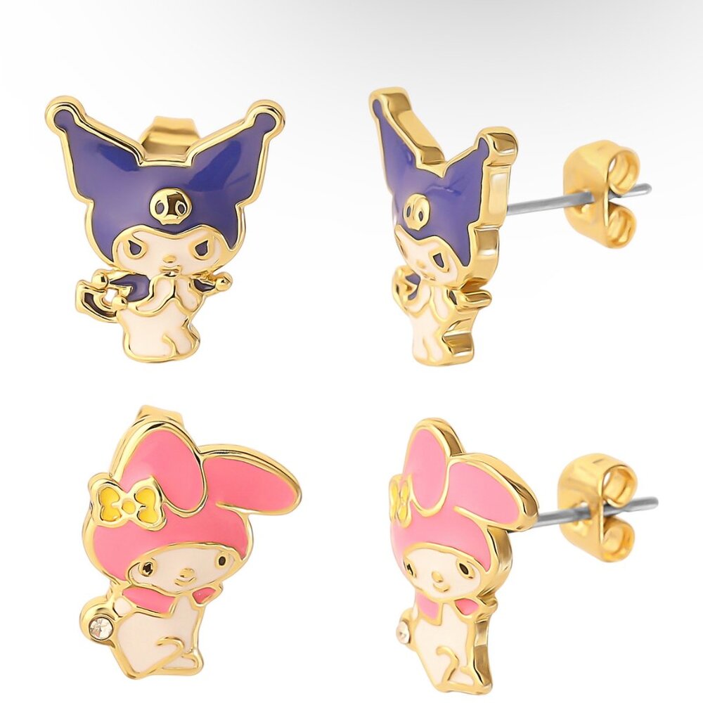Sanrio Hello Kitty 18k Gold Flash Plated Kuromi & My Melody Stud Earring Duo Set